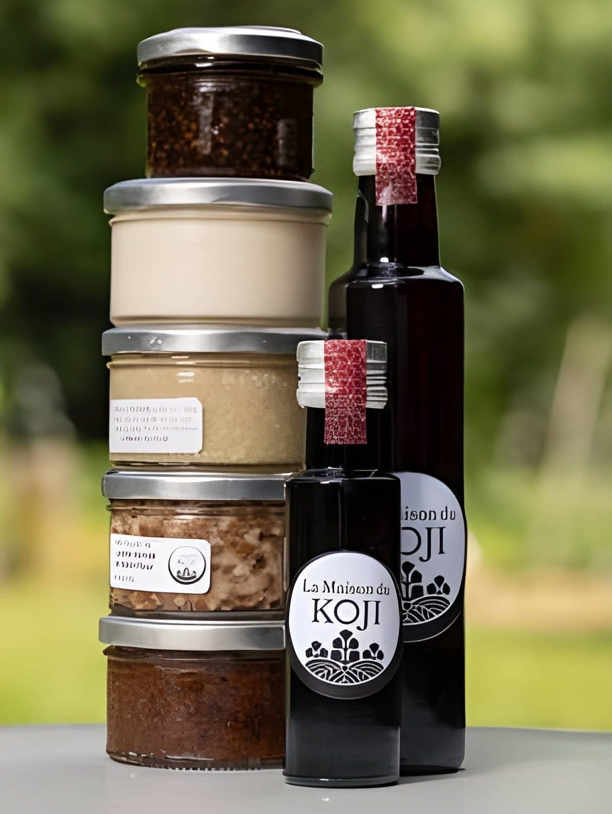 A jar of koi jam, a jar of koi honey and a jar of ko.